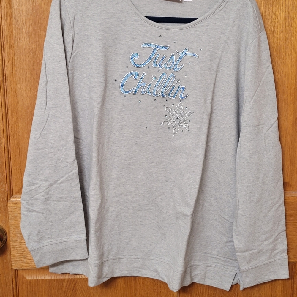 Quacker Factory Blue Plaid Applique  French Terry Top
